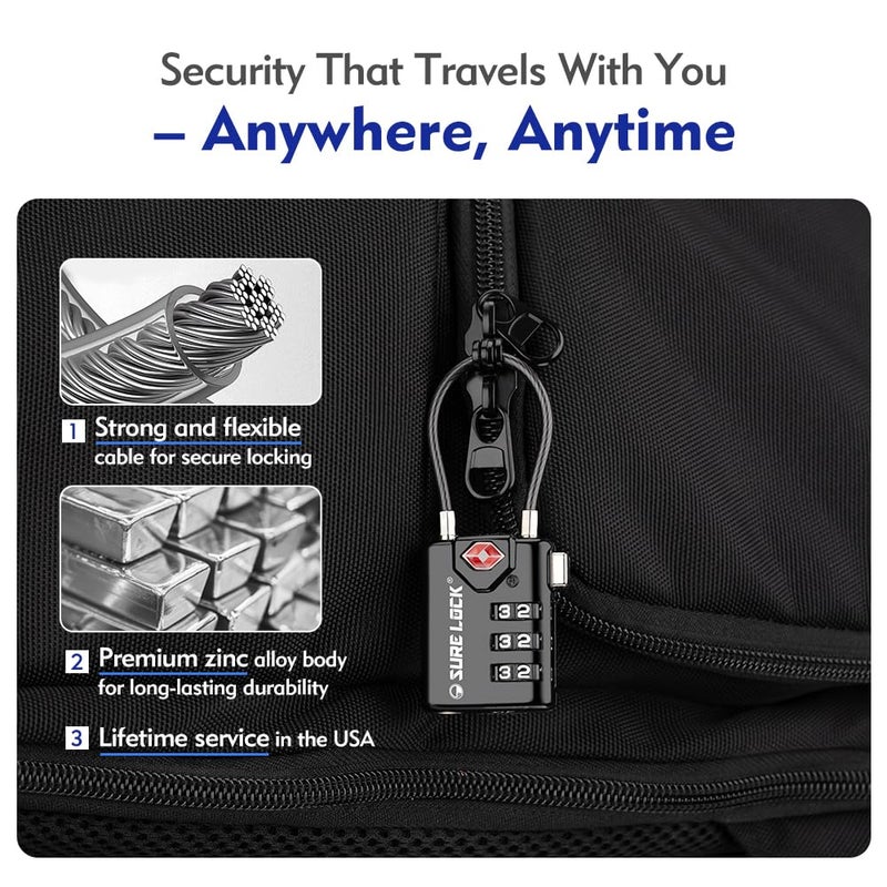 SURE LOCK TSA Compatible Travel Luggage Locks, Inspection Indicator, Easy Read Dials TSA Approved with Zinc Alloy (1, Black 8 Pack) - Image 3